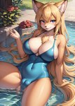 anthro ayegibarb blonde_hair camel_toe canid canine clothing female fox fur genitals hair hi_res mammal one-piece_swimsuit plump_labia pool pussy solo swimwear yellow_body yellow_fur