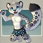 anthro blue_eyes briefs bulge chest_tuft clothed clothing cub fluffy fluffy_tail fur gesture grey_body grey_fur handpaw looking_at_viewer male paws simple_background smile solo spots spotted_body spotted_fur tuft underwear underwear_only waving whiskers young lariel felid mammal pantherine snow_leopard