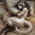 ambiguous_gender anthro bed digitigrade domestic_ferret eyes_closed female fluffy fluffy_tail furniture gloves_(marking) hair hi_res high-angle_view leg_markings long_hair mammal markings mustela mustelid musteline oldhroft pillow pillow_hug sleeping smile socks_(marking) solo true_musteline white_body