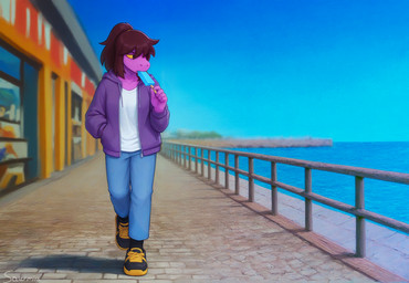 5_fingers anthro black_nails blue_sky blurred_background bottomwear brown_hair clothing cobblestone collarbone colored_nails denim denim_clothing dessert eating female fingers food footwear front_view fully_clothed_female hair hand_in_pocket holding_food holding_ice_cream holding_object hoodie ice_cream jeans looking_aside nails one_eye_obstructed outside pants pier pockets ponytail purple_body purple_clothing purple_hoodie purple_skin purple_topwear railing sea seaside shirt shoelaces shoes sky sneakers snout solo store topwear walking water white_clothing white_shirt white_topwear yellow_sclera sawmill deltarune undertale_(series) susie_(deltarune) hi_res signature