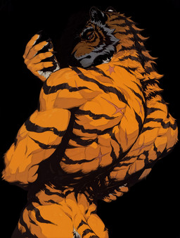 anthro black_background butt dutch_angle frown fur half-closed_eyes jojo_pose looking_at_viewer looking_back male markings muscular narrowed_eyes nude nude_male orange_body pawpads raised_arms red_eyes scar self_hug simple_background solo solo_focus standing star_(marking) stripes upper_body white_body white_fur burioth jojo's_bizzare_adventure felid mammal pantherine tiger absurd_res cel_shading hi_res shaded