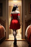 anette_(mouse) annette anthro bed biceps black_clothing black_footwear black_hair bottomwear breasts clothing female footwear fur furniture green_eyes grey_body grey_fur hair hellapoc looking_back mammal mouse murid murine night no_sleeves_blouse purse red_clothing rodent skirt solo young_adult