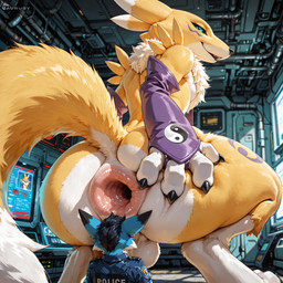 anal anal_vore anthro anus balls big_anus blue_body blue_fur butt butt_grab clothing crouching duo female fur gaping gaping_anus genitals hand_on_butt imminent_anal_vore imminent_vore intersex intersex/male looking_back looking_pleasured male male/female male/male police police_uniform presenting presenting_anus presenting_hindquarters raised_tail rear_view size_difference uniform view_from_below vore aurugy digimon canid canine digimon_(species) fox mammal renamon hi_res
