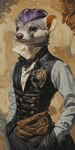 anthro blouse bowtie clothing corset fur grey_body grey_fur hair lingerie male purple_hair solo suit topwear vest bahufaru kiley_saint-clair_(bahufaru) mammal mustela mustelid musteline true_musteline hi_res