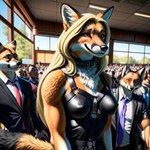 anthro asian bottomwear canid canine clothed clothing collar crowd female fox group harness leather leather_clothing mammal niko nipples office reyneke skimpy skirt solo