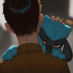 ambiguous_gender anthro blue_body blue_fur blurred_background bodily_fluids clothed clothing comforting crying duo embrace fingers fur hair hand_on_head hug human_on_anthro interspecies larger_human male narrowed_eyes petting pokephilia red_eyes sad size_difference tears topwear soloko nintendo pokemon canid canine generation_4_pokemon human mammal pokemon_(species) riolu digital_media_(artwork) hi_res