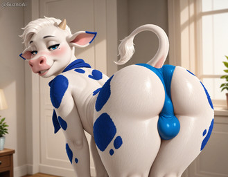 all_fours anthro balls bed bedroom bedroom_eyes bent_over big_butt blue_body blue_eyes blue_fur blush bodily_fluids bulge butt butt_focus clothed clothing crossdressing curvaceous curvy_figure detailed_background eye_contact fangs femboy first_person_view floppy_ears fur furniture genitals girly glistening glistening_body hair half-closed_eyes horn huge_ass huge_butt humanoid_genitalia inside inviting legs_together looking_at_another looking_at_viewer looking_back looking_back_at_viewer looking_pleasured low-angle_view male male_focus markings mascot multicolored_body multicolored_fur narrowed_eyes nude nude_male panties partially_clothed perineum presenting presenting_balls presenting_hindquarters rear_view saggy_balls seductive short_hair shy simple_background smile smiling_at_viewer solo spreading stable_diffusion sweat sweaty_body tail teeth thick_thighs topless topwear two_tone_body two_tone_fur underwear voluptuous wet wet_body white_body white_fur white_hair wide_hips guznoai lactaid_cow bovid bovine cattle humanoid mammal detailed digital_media_(artwork) hi_res portrait shaded soft_shading three-quarter_portrait