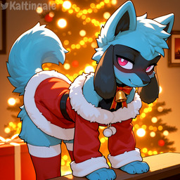 4_fingers anthro bell belt black_body black_fur blue_body blue_fur blush bowtie christmas christmas_clothing christmas_lights christmas_present christmas_theme christmas_tree claws clothed clothing cute_fangs detailed_background dress female fingers fur fur_trim head_tuft inner_ear_fluff inside leaning leaning_forward legwear long_tail looking_at_viewer off_shoulder painting_(object) pink_eyes plant raised_tail seductive side_view smile solo standing thigh_highs tree tuft kaltingale_(director) nintendo pokemon generation_4_pokemon pokemon_(species) riolu hi_res watermark