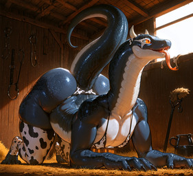 all_fours anatomically_correct anatomically_correct_genitalia animal_print anthro big_butt bikini butt clothing cow_print curvy_figure fake_horns femboy genitals legwear male presenting scales solo swimwear thigh_highs tongue wide_hips doggyai reptile scalie snake hi_res