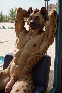 abs anthro armpit_showing beach flaccid foreskin genitals half-closed_eyes half-erect humanoid_genitalia humanoid_penis looking_at_viewer male muscular muscular_male narrowed_eyes nipples nude nude_male penis pool pubes raised_arms realistic seaside solo solo_focus teeth water floofywoofy hyaenid mammal hi_res
