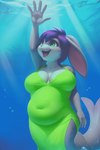 absurd_res anthro big_breasts bottomless breasts bubble cetacean clothed clothing dakka delphinoid dress female fin green_clothing green_dress green_eyes hair happy hi_res hybrid lagomorph leporid light light_beam looking_up mammal marine oceanic_dolphin open_mouth overweight overweight_anthro purple_hair rabbit slightly_chubby smile solo sunbeam sunlight swimming tail_fin teeth toothed_whale topwear underwater water