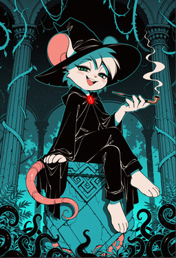 4_toes 5_fingers altar anthro bedroom_eyes big_ears black_cloak black_clothing blush clothing crossed_legs detailed_background detailed_foreground eyebrows eyelashes feet fingers fur gem green_eyes hat headgear headwear leaf looking_at_viewer low-angle_view male narrowed_eyes open_mouth pillar pink_inner_ear pink_tail plant ruby_(gem) ruins seductive side_view sitting smile smirk smoke smoking_pipe solo teeth tentacles toes tongue vines white_body white_fur wizard_hat chilon249 reggie_(whygena) mammal mouse murid murine rat rodent blue_theme full-length_portrait hi_res portrait shaded