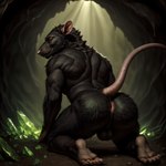 anthro anus backsack balls black_body black_fur butt cave detailed detailed_fur fur genitals hi_res looking_back male mammal murid murine nude presenting presenting_hindquarters raised_tail rat rodent skaven solo taji_(director) warhammer_fantasy