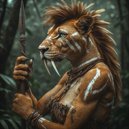 anthro blue_eyes bodypaint breasts claws female holding_object holding_spear holding_weapon jungle long_fangs melee_weapon mohawk photorealism polearm sharp_claws sharp_teeth spear teeth tribal_clothing tribal_outfit weapon maw_master felid feline lion mammal pantherine sabertoothed_lion