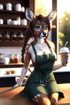 aimee anthro apron beverage braided_hair breasts brown_hair cafe cervid cleavage clothed clothing coffee female hair hi_res mammal medium_breasts prompt side_boob sitting solo teal_eyes venison venisoncreampie