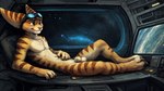 animal_genitalia anthro balls blush brown_hair brown_stripes countershading eyewear fur genitals goggles green_eyes hair hand_on_stomach light_body light_countershading lying male nude on_back orange_body orange_fur sheath side_view smile solo space spacecraft_interior stripes hamgas_(director) ratchet lombax mammal hi_res