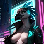 anthro avian beak black_beak black_body blue_body blue_feathers breasts clothed clothing cyberpunk feathers female freya_(potca) glowing glowing_markings green_eyes hi_res jacket leather leather_clothing leather_jacket leather_topwear markings nipples non-mammal_breasts non-mammal_nipples open_clothing open_jacket open_topwear potca solo topwear white_body