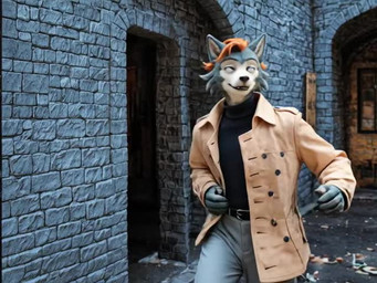 clothing coat dancing fur grey_body grey_fur hair looking_at_viewer music_video orange_hair outside realistic rickroll solo sweater three-quarter_view topwear trenchcoat turtleneck white_body white_fur nnam_si3 beastars meme_2026 legoshi_(beastars) animated music short_playtime sound webm