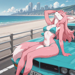 anthro beach bikini blue_bikini blue_clothing blue_sky blue_swimwear car city city_background clothing cloud eyes_closed female fur hair hand_on_head head_back long_hair multicolored_body multicolored_fur navel outside pink_body pink_fur pink_hair road sea seaside sitting sitting_on_car sky smile snout solo swimwear vehicle water white_body white_fur noverthink brand_new_animal nazuna_hiwatashi canid canine fox mammal 2026