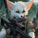 anthro assault_rifle canid canine clothing duo forest fox fur green_eyes gun holding_gun holding_object holding_rifle holding_weapon lucifluffy male mammal military_uniform neckerchief outside plant ranged_weapon rifle scope soldier solo_focus tree uniform warrior weapon white_body white_fur wilek