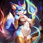 absurd_res anthro attempted_signature blue_body blue_eyes blue_fur blush breasts domestic_cat felid feline felis female fluffy frosting.ai fur genitals hair hi_res library looking_at_viewer magic mammal mr_diddlez nipples nude pussy solo white_body white_fur yuumi_(lol)