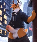 absurd_res amber_eyes anthro antlers balls big_penis bottomwear bottomwear_down cervid city clothed clothing erection foreskin fur genitals hand_on_penis hi_res hoodie horn humanoid_genitalia humanoid_penis looking_at_viewer male mammal masturbation orange_body orange_fur pants pants_down partially_clothed penile penile_masturbation penis presenting presenting_penis smile smirk snow snow_on_ground snowing solo topwear wall_(structure)