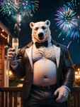 absurd_res alcohol anthro bare_chest belly belt beverage black_tie_(suit) blue_eyes bottomwear bowtie champagne clothing detailed fireworks glass hi_res male mammal night pants polar_(director) polar_bear raised_arm shirtless shirtless_anthro slightly_chubby solo suit ursid ursine