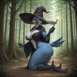 abs anthro belt belt_buckle big_butt blue_body blue_feathers breasts brown_eyes butt cloak clothing dirt fantasy feathers female forest grey_body grey_scales hat headgear headwear magic magic_user mostly_nude navel non-mammal_breasts plant robe robe_only scales solo tail tail_feathers tree wand white_body white_feathers witch_hat zoc avian bird blue_jay corvid jay_(bird) new_world_jay oscine passerine hi_res