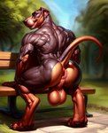 american_pit_bull_terrier anthro anus balls bench big_balls blue_eyes bodily_fluids butt canid canine canis digitigrade domestic_dog genitals hunting_dog looking_at_viewer looking_back male mammal muscular muscular_anthro muscular_male park perineum presenting presenting_anus presenting_hindquarters raised_tail solo sweat sweaty sweaty_balls sweaty_genitalia terrier yoshiba