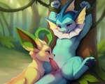 absurd_res ambiguous_gender animal_genitalia anus arms_tied bdsm blush bondage bound canid canine dominant dominant_feral duo eeveelution fellatio feral feral_on_feral generation_1_pokemon generation_4_pokemon genital_slit genitals hi_res leafeon licking looking_at_another looking_at_partner looking_at_viewer looking_pleasured male mammal oral penile penis pokemon_(species) power_bottom punkskunk sex slit submissive submissive_male tapering_penis tentacles tongue tongue_out vaporeon vines