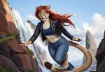 anthro bottomwear cliff clothed clothing cloudy denim denim_clothing digitigrade female golden_eyes hair hill jacket jeans long_hair looking_at_viewer novafurrypony_(model) pants plant red_hair running shirt smile solo topwear water waterfall director_crashbandit cougar felid feline mammal pantherine novelai