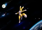 absurd_res anthro breasts countershading digimon_(species) female finaleclipse floating fur genitals hi_res mammal moon navel neck_tuft nipples nude pussy renamon solo space stable_diffusion star tuft white_body white_countershading white_fur yellow_body yellow_fur yiffye18