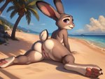 anthro anus beach cattorihanzo female fur genitals grey_body grey_fur judy_hopps lagomorph leporid looking_at_viewer looking_back looking_back_at_viewer mammal outdoors pawpads purple_eyes pussy rabbit seaside solo stable_diffusion zootopia