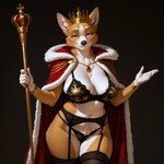 5_fingers big_breasts black_clothing black_nose black_panties black_underwear bra bracelet breasts cape casual_exposure cheek_tuft chest_tuft cleavage cloak clothed clothing crotch_tuft crown curvy_figure eyebrows eyelashes facial_tuft female fingers fur garter_belt garter_straps gem gold_(metal) gold_jewelry green_eyes headgear holding_object huge_breasts inner_ear_fluff jewelry legwear lingerie looking_at_viewer multicolored_body multicolored_fur narrowed_eyes navel neck_tuft necklace panties queen red_clothing red_underwear robe royalty scepter seductive simple_background slightly_chubby smile smug solo staff standing stockings tan_body tan_fur thick_thighs thigh_highs tuft two_tone_body two_tone_fur underwear voluptuous white_body white_fur wide_hips unknown_director canid canine canis domestic_dog herding_dog mammal pastoral_dog welsh_corgi absurd_res hi_res portrait three-quarter_portrait
