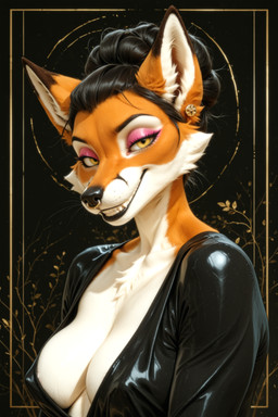 anthro black_hair black_nose breasts cleavage clothed clothing ear_piercing ear_ring eyeshadow facial_piercing facial_tuft female fur hair inner_ear_fluff looking_at_viewer makeup nipple_outline nose_piercing nose_ring orange_body orange_fur piercing realistic_fur realistic_lighting ring_piercing septum_piercing simple_background smile solo teeth tuft white_body white_fur yellow_eyes nnam_si3 canid canine fox mammal red_fox true_fox hi_res portrait