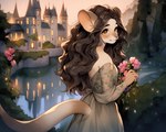 anthro brown_eyes brown_hair castle clothing dress female flower fur hair holding_flower holding_object light night outside plant solo tan_body tan_fur water sappy_(director) mammal marsupial phalangeriform