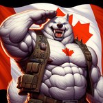 abs anthro biceps big_fangs big_muscles blue_eyes canada clothing flag gesture huge_muscles hyper hyper_muscles male military military_uniform musclegut muscular nipples patriotism pecs politics salute snarling tactical_gear teeth topwear uniform vest director_makeone canid canine canis mammal wolf