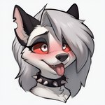 ahegao anotherarcticfox anthro blush canid canid_demon collar demon eyeshadow fangs female hellhound looking_pleasured makeup mammal notched_ear red_sclera seductive solo spiked_collar spikes tongue tongue_out white_eyes