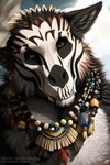 anthro black_nose canid canine fur hi_res jewelry magic_user male mammal markings multicolored_body multicolored_fur shaman smiley solo teeth tribal tribal_markings tribal_spellcaster