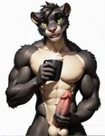 anthro athletic balls belly beverage biceps coffee coffee_cup container cup felid feline fur genitals green_eyes grey_body grey_fur humanoid_genitalia humanoid_penis male mammal masturbate masturbating masturbation morning muscular muscular_anthro muscular_male nude open_mouth orios penis simple_background smile solo standing tan_belly tan_body tan_fur