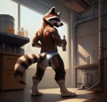 alcohol anthro beverage chastity_coyote_(director) clothed clothing diaper guardians_of_the_galaxy holding_object laboratory male mammal procyonid raccoon rear_view rocket_raccoon shadow solo standing wearing_diaper window_light