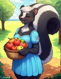 5_fingers anthro apple basket big_tail biped black_body black_fur blue_clothing blue_dress blush breasts cheek_tuft chest_tuft claws cleavage clothed clothing cloud container day detailed_background dress eyebrows eyes_closed facial_tuft female finger_claws fingers fluffy fluffy_tail food fruit fully_clothed fur grass hair happy holding_object markings multicolored_body multicolored_fur open_mouth open_smile outside plant ribbons short_hair sky smile solo standing striped_markings striped_tail stripes tail tail_markings teeth tongue tree tuft two_tone_body two_tone_fur white_body white_fur white_hair colossal_exhoost_fume mammal mephitid skunk hi_res portrait shaded signature three-quarter_portrait