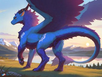 animal_genitalia animal_pussy blue_body blue_fur butt canine_genitalia canine_pussy claws female feral fluffy fur genitals hair hairy_pussy horn inner_ear_fluff lake long_tail looking_at_viewer majestic mane mane_hair markings morning mountains mythology pawpads paws purple_body purple_fur pussy rear_view rings size_difference smile solo tail tall_female tuft wings yellow_eyes yellow_sclera chrisphoenix dragon furred_dragon mythological_creature mythological_scalie scalie absurd_res hi_res