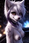 amber_eyes anthro arctic_fox arm_tattoo bangs black_nipples black_nose breast_tuft breasts canid canine collar cute_fangs emo_haircut eyeshadow female fluffy fox fox_ears fur hair hi_res highlights_(coloring) lean looking_at_viewer makeup mammal messy_hair nightdancer nipples nude open_mouth open_smile photorealism portrait punk_girl slim smile smirking_at_viewer solo standing tattoo whiskers white_body white_fur