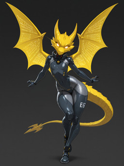 anthro bodysuit clothing dragon_horn dragon_tail dragon_wings dragoness female fingers glowing glowing_eyes grey_background horn mythology scales simple_background skinsuit solo tail tight_clothing wings yellow_body yellow_eyes yellow_horn yellow_wings dragonflame e6ai mascot_2025 dragon mythological_creature mythological_scalie scalie hi_res
