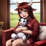 ambiguous_gender anthro armchair baby blush bovid bovid_horn bovine bovine_horn calf cattle chair clothed clothing cuddling day duo female flower furniture happy horn hugging inside mammal meadow pillow plant sitting smile twinklespark vase window young