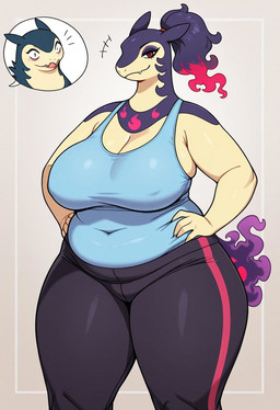 anthro aversa_(nerdyreindeer) belly_overhang big_breasts bottomwear breasts caldur chubby_female clothing female hair hands_on_hips on_ground overweight pants pink_eyes ponytail shirt smile solo standing tank_top thick_thighs topwear wide_hips yoga_pants nintendo pokemon hisuian_form hisuian_typhlosion pokemon_(species) regional_form_(pokemon)