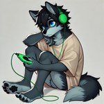 anthro bottomless clothed clothing headphones male paws shirt shirt_only solo topwear topwear_only lariel canid canine canis humanoid mammal wolf