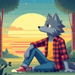 anthro bottomwear clothing denim denim_clothing fur grass grey_body grey_fur jacket jeans male pants plant relaxed relaxing shirt sitting sitting_on_ground solo sunrise sunset topwear tree yellow_clothing yellow_shirt yellow_topwear omgechounknown canid canine canis mammal wolf