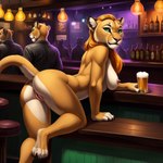 absurd_res alcohol anthro bar beer beverage director_cougar felid female fur genitals green_eyes hair hi_res huge_filesize lion long_hair mammal nipples nude open_pussy pantherine presenting presenting_pussy pussy raised_tail solo tan_body tan_fur